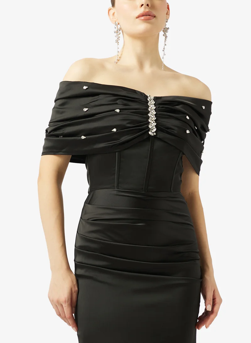 Akadia Fashion  EMBELLISHED SHOULDER SATIN DRESS for Women | Best Price UAE